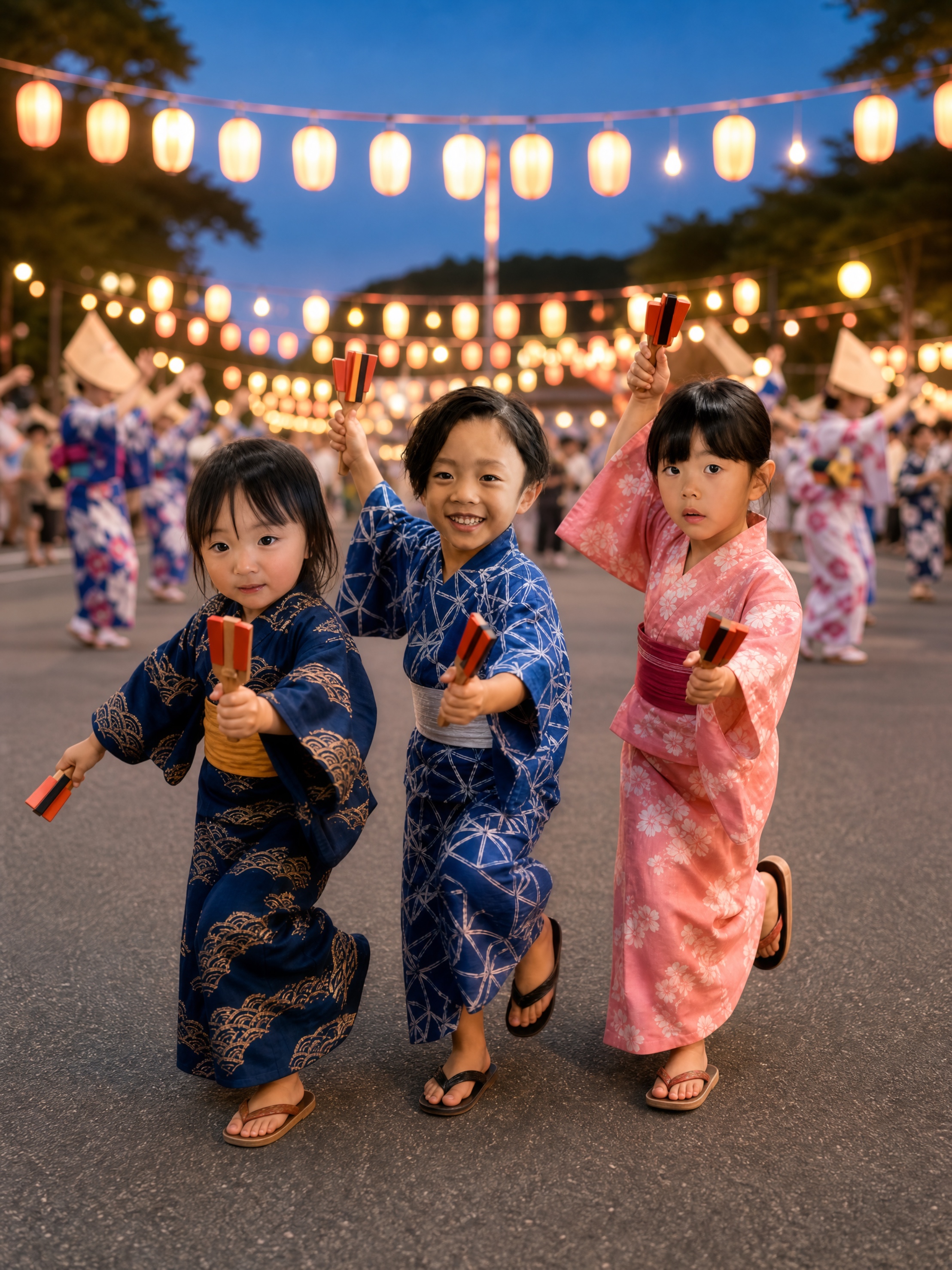 浴衣姿で鳴子を持ちよさこいを踊る3人の子ども